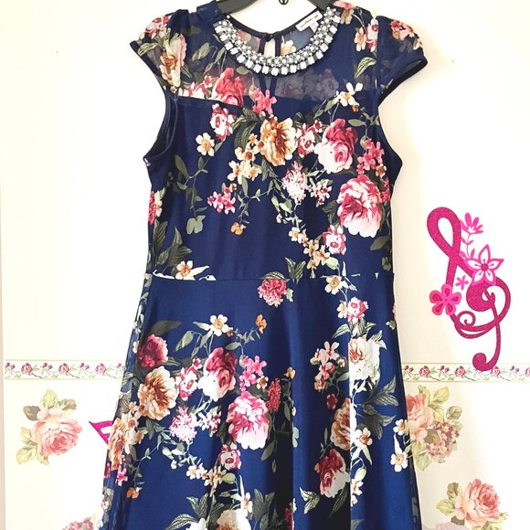 Monteau Girl Navy Blue  Rose Floral Dress Girls XL 14 - Picture 2 of 9